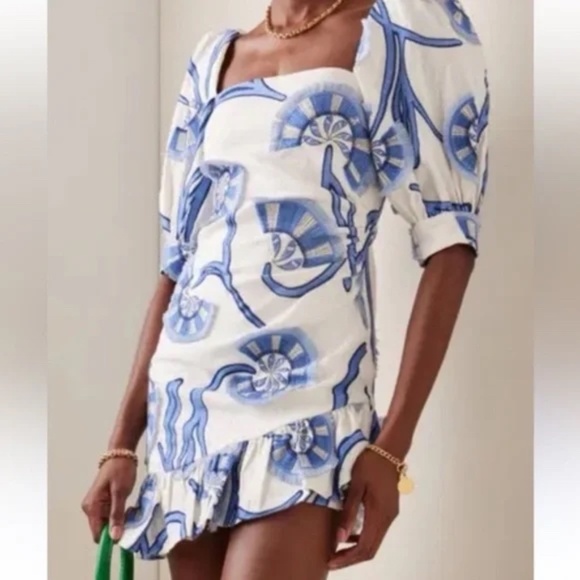 Alexis San Paolo Embroidered Blue and White Linen Toile Dress - Picture 5 of 10